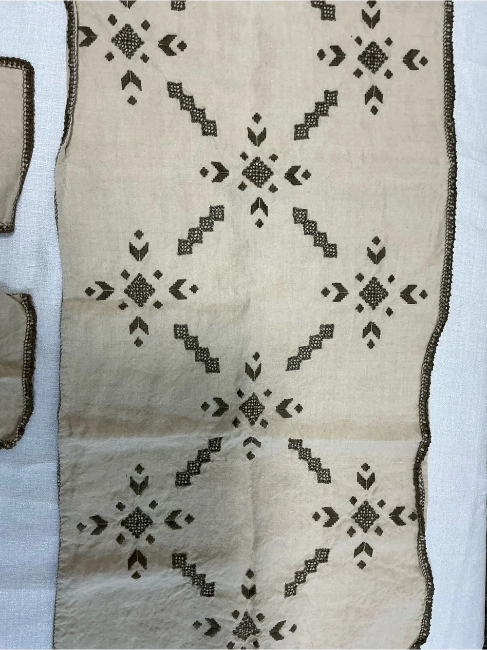 VTG Hand Woven Linen Runner Coasters Set Hardanger Ukrainian Folk Art Embroidery
